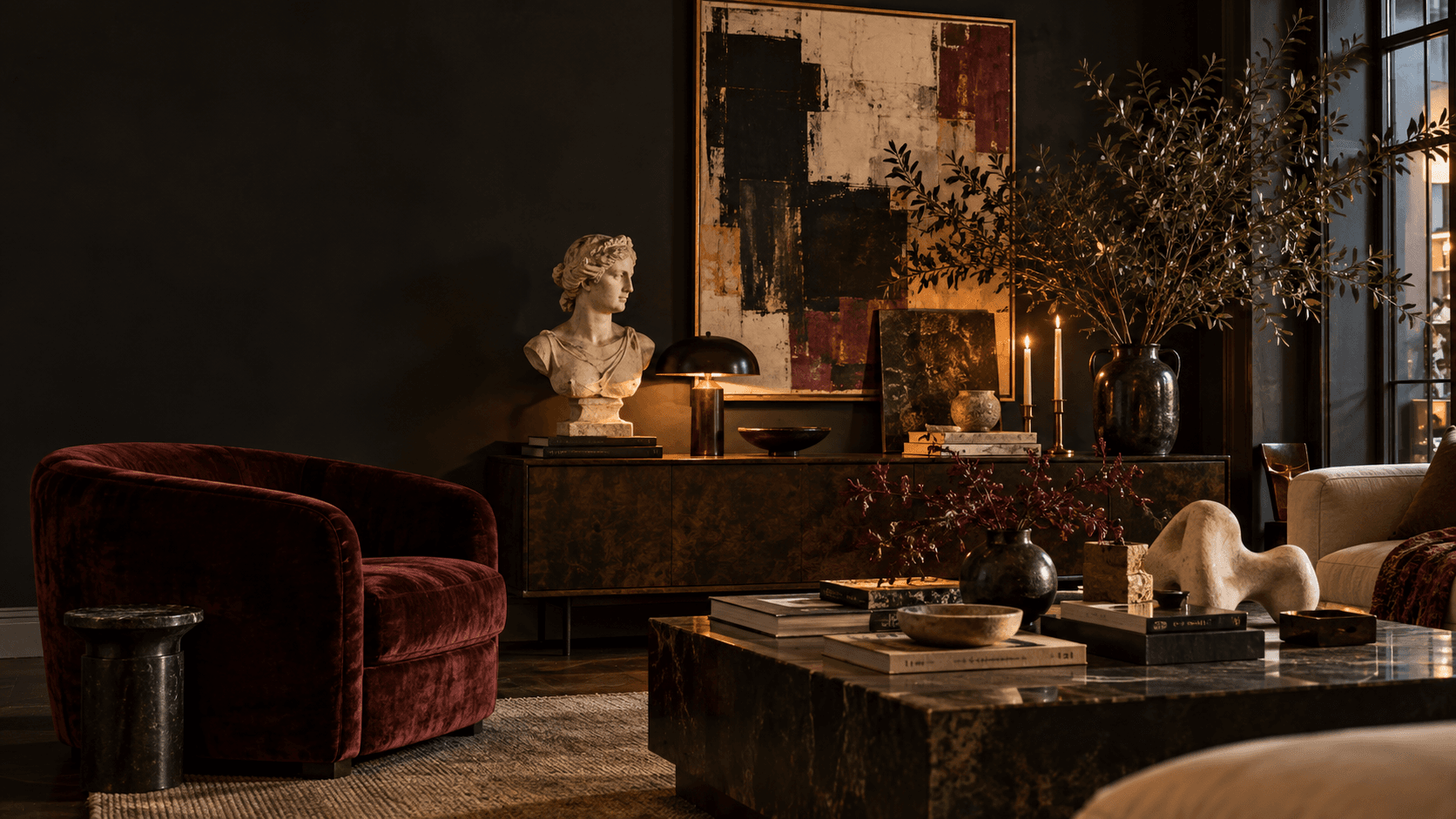 Warm ORV interior with art, sculpture and layered objects